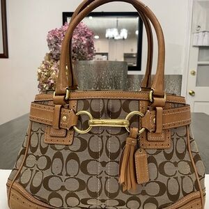 Coach Tan and Brown Signature Canvas Satchel with Tassel